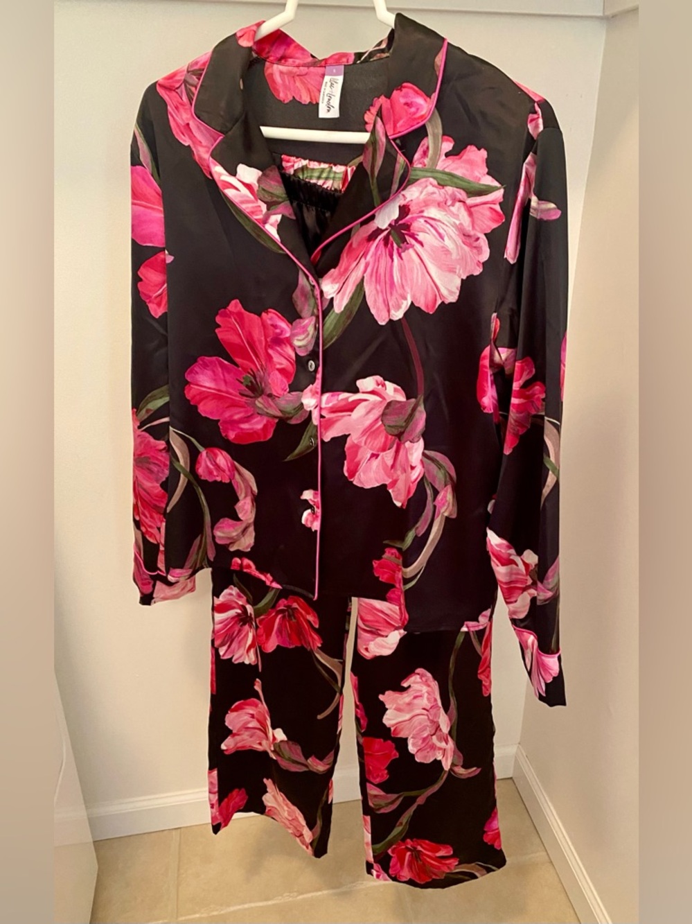 Women's Black Floral Button-Down Pajama Set with Pink Blooms
